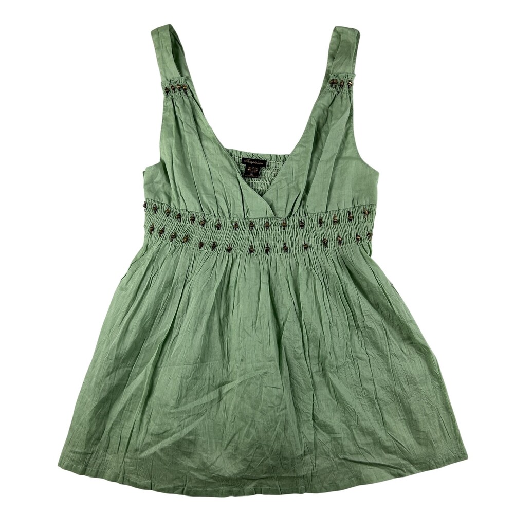 Vintage Temptation Tank Top Womens Large Beaded Smocked Waist Tunic Babydoll Y2K